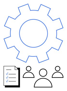 Listeden büyük teçhizat ve üç insan figürü. Takım çalışması, iş akışı optimizasyonu, proje planlaması, işbirliği, görev yönetimi, üretkenlik ve soyut düz metafor için ideal