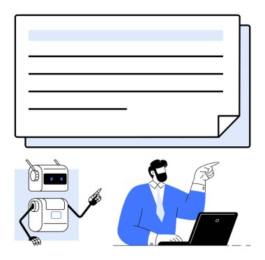 Robot ve iş adamı büyük bir dijital belgeyi işaret ediyor. Teknoloji, yapay zeka, iş iletişimi, işbirliği, çalışmanın geleceği, dijital araçlar, yenilik kavramları için idealdir. Satır metaforu