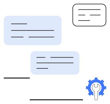 İletişim, kişiselleştirme ve kullanıcı tercihleri için metin satırları ve ayarlama teçhizatı simgesine sahip konuşma baloncukları. İdeal mesajlaşma uygulamaları, teknik destek, sosyal medya, işbirliği, otomasyon, UI