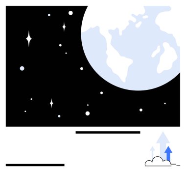 Uzayda dünya yıldızlarla çevrili, buluttan yükselen oklarla. Büyüme, ilerleme, yenilik, küresel potansiyel, uzay keşfi, sürdürülebilirlik, soyut düz metafor için ideal