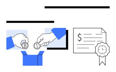 Bitcoin ve Dolar bozuklukları değiş tokuş eden eller, içinde mühür olan bir sertifikayla bir kutunun içine konan paralar. Finans, bankacılık, yatırımlar, dijital para değişimi, tasarruf, ekonomik