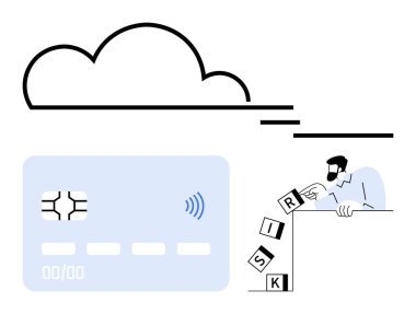 Adam kredi kartı ve bulut sembolü yakınındaki riskleri engelliyor verileri, finansal güvenliği, karar verme mekanizmasını. Finans, güvenlik, çevrimiçi işlemler, risk yönetimi ve strateji için ideal
