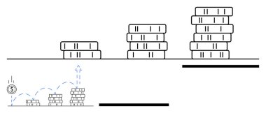 Madeni para yığınları yükselir, maddi hedeflerini göstermek için karşılıksız para ile eşleştirilir. Finans, büyüme, yatırım, zenginlik, planlama ve başarı için ideal. Soyut çizgi düz metafor