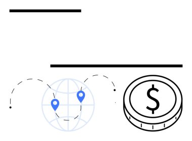 Üzerinde dolar işareti olan bir madeni paranın yanında noktalı çizgilerle birbirine bağlı bir dünya. Uluslararası iş için ideal, mali işlemler, döviz kurları, ödeme kapıları, dijital