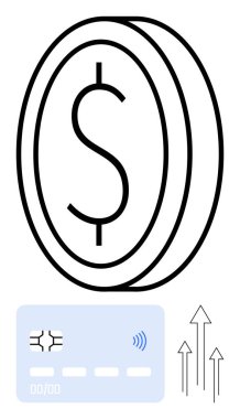 Bir dolar işaretli para yığını, temassız kredi kartı ve finansal büyümeyi temsil eden yukarı doğru oklar. Fintech, e-ticaret, işlemler, tasarruflar, yatırımlar, bankacılık soyut hattı için ideal