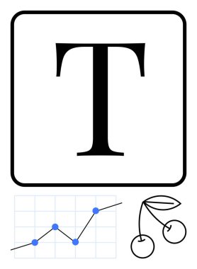 Bir kareye yerleştirilmiş kalın T harfi, büyüyen bir çizgi çizelgesi ve çizilmiş kirazlar. Markalaşma, analitik, tasarım, yaratıcılık, büyüme, veri görselleştirme ve soyut düz çizgi metaforu için ideal