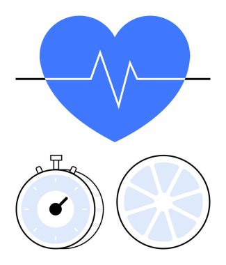 Kronometre ve narenciye diliminin üzerinde kalp atışı olan mavi kalp. Sağlık, zindelik, beslenme, zaman yönetimi, sağlık hedefleri, kardiyo bakımı, sağlıklı alışkanlıklar için idealdir. Asgari soyut çizgi düz