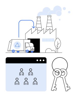 Fabrikada boşaltılan kamyonlar, uygulama üzerinde takım işbirliği simgeleri ve erişim kontrolünü sembolize eden anahtarlar. Sürdürülebilirlik, takım çalışması, güvenlik, dijital çözümler, verimlilik ve yeşil teknoloji için ideal