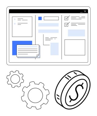 Görevler, formlar, ayarlar, dişliler ve bir dolar paralarla gösterge paneli düzeni. Üretim, finans, organizasyon, görev öncelikleri proje planlama süreci için ideal soyut çizgi