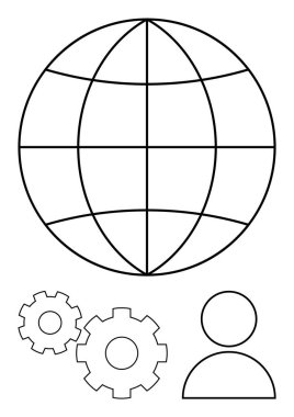 Küre küresel erişimi simgeler, teknolojiyi ve makineleri temsil eden dişliler, insan unsurunun simgesi. Küreselleşme, teknoloji, takım yönetimi, uluslararası ticaret konuları için ideal