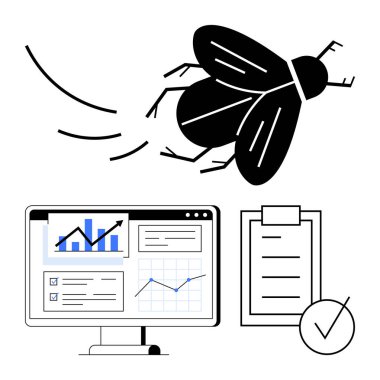 Kontrol işaretli bir monitör ve kontrol listesindeki veri tablolarının yanında uçan hata. Yazılım hata ayıklama, soru-cevap testi, veri analizi, iş akışı yönetimi, verimlilik, kodlama, soyut düz çizgi için ideal
