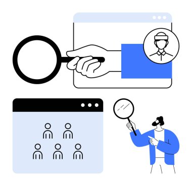 Web profillerini, takım ızgara arayüzünü ve kullanıcı denetimini elinde tutan bir büyüteç. İşe alım, insan kaynakları, işe alım, yetenek araması, araştırma, değerlendirme için ideal.