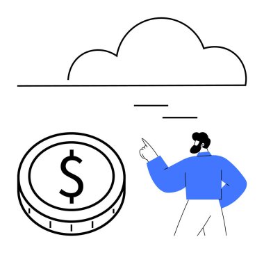 Yukarıya bakan bir işadamı, büyük paralar ve bulutlar. Finans, yatırım, bulut hesaplama, yenilik, strateji, tasarruf ve soyut düz çizgi metaforu için ideal