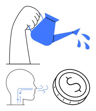 Bir su kovası, kafası hava akışı okları ve dolar bozuk parayla dolu, beslenme, nefes alma tekniklerini ve finansal büyümeyi temsil eden bir kol. Sağlık, sağlık, nefes alma egzersizleri için ideal büyüme