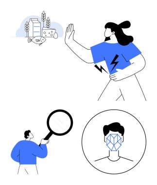 Alerjik gıdaları reddeden kadın, büyüteçle inceleme yapan kişi ve biyometrik yüz taraması. Sağlık farkındalığı, alerjiler, teknoloji, analiz, biyometri, araştırma soyut çizgisi için ideal