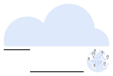 Yerçekimi işaretleri ve bağlantı çizgileri olan büyük bir bulut. Bulut depolama, küresel bağlantı, veri paylaşımı, iletişim, ağ güvenliği, İOT, soyut çizgi düz metaforu