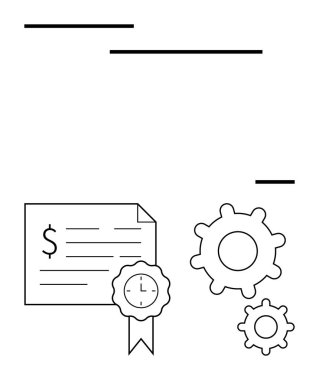 Mali belgeye, mekanik öğeleri sembolize eden iki vitese bitişik saat simgesi ve kurdeleli bir sertifika eşlik ediyor. Finans, verimlilik, verimlilik, sertifika için ideal