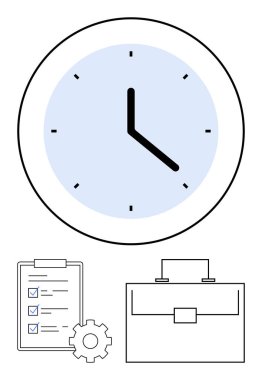Saat, kontrol işaretli liste, evrak çantası ve dişli simgesi iş verimliliği, planlama ve görev önceliklerini vurguluyor. Program, organizasyon, üretkenlik liderlik stratejisi için ideal