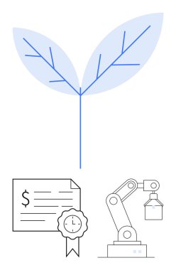 Doğayı sembolize eden mavi yaprak, kurdeleli sertifika, ve sürdürülebilirlik, teknolojik gelişim ve kalite güvencesi temalı robotik kol gösterisi temaları. Çevre dostu uygulamalar için ideal, yeşil