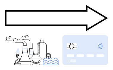Kara ok sağ tarafı gösteriyor, endüstriyel fabrika elemanları ve banka kartı yok. Enerji dönüşümü, dijital ekonomi, imalat, ödeme teknolojisi, sürdürülebilirlik ve sanayi için ideal
