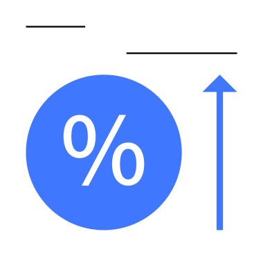 Yüzdelik sembolü ve siyah çizgileri olan büyük mavi daire. Yukarı doğru mavi ok. Finans, ekonomi, iş büyümesi, istatistik, analiz, verimlilik satışları için ideal. Soyut satır düzlüğü