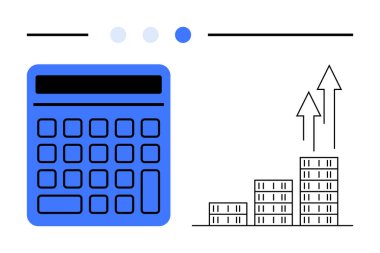 Artan karı ve veri optimizasyonunu sembolize eden yukarı doğru oklu bir büyüme grafiğinin yanında mavi hesap makinesi. Finans, yatırım, muhasebe, analiz, iş, strateji ve soyut çizgi için ideal