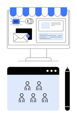 Computer screen with email notifications, ads, dollar icon, and storefront awning. User interface, profiles, and stylus below. Ideal for e-commerce, marketing digital ads email management design clipart