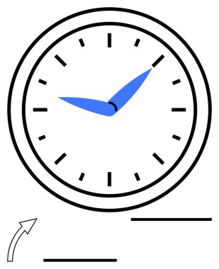 Mavi zaman göstergelerine sahip analog saat ve ileri doğru hareket ettiğini gösteren eğri bir ok. Zaman takibi, verimlilik, teslim tarihleri, planlama, büyüme, verimlilik, soyut düz çizgi metaforu için ideal