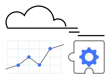 Bulut, veri noktaları olan çizgi çizelgesi ve dişli simgesi olan yapboz parçası. Teknoloji, analitik, yenilik, iş büyümesi, yazılım, bulut hizmetleri ve üretkenlik için ideal düz çizgi metaforu