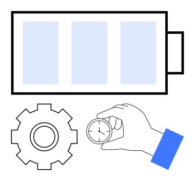 Pil ve dişli sembollerinin yanında el ele tutuşan kronometre, enerji, zaman yönetimi ve işlem optimizasyonunu temsil ediyor. Üretkenlik, verimlilik, sürdürülebilirlik ve soyut iş akışı çizgisi için ideal
