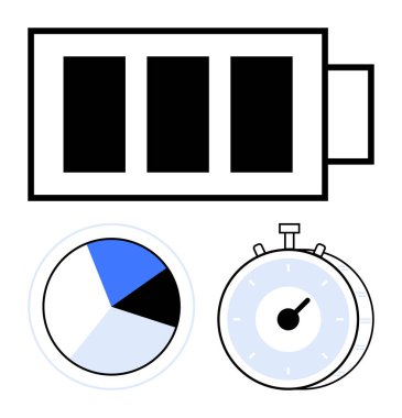 Batarya ikonu, pasta grafiği ve kronometre enerji seviyelerini, zaman izleme ve analizleri gösteriyor. Üretkenlik, verimlilik, performans analizi, enerji kullanımı ve zaman için ideal