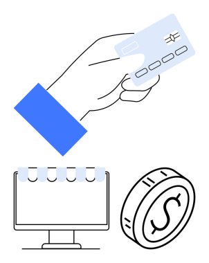 Kredi kartını vitrin monitörü simgesi ve dolar bozukluğunun üstünde tutuyor. E-ticaret, dijital ödemeler, finans, alışveriş, çevrimiçi işlemler, iş büyümesi, soyut çizgi düz metafor için ideal