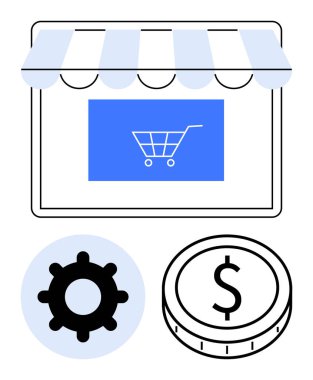 Mağaza vitrininde alışveriş arabası, konfigürasyon için teçhizat ve ödeme için para. Çevrimiçi alışveriş, e-ticaret, perakende teknolojisi, dijital ödemeler, iş araçları, pazarlama büyüme stratejileri için ideal