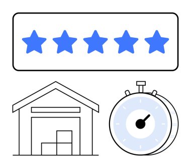 Beş mavi yıldız, istiflenmiş kutularla dolu bir depo, kronometre çalışıyor. Lojistik, müşteri geribildirimi, tedarik zinciri, performans, dağıtım süresi, servis kalitesi soyut metaforu için ideal