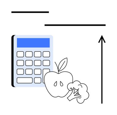 Elmalı brokoliyi yukarı doğru hesaplayan ok dengeli beslenmeyi sağlıklı beslenmeyi, büyümeyi, sağlıklı beslenmeyi, beslenmeyi sembolize eder. Sağlık uygulamaları, diyet planları, beslenme uzmanları, sağlık blogları, büyüme için ideal