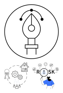 Tasarım için kalem, anahtarlar ve mülkiyet yönetimi için vites, analiz için Risk üzerinde büyüteç. Tasarım için ideal, emlak, takım çalışması, teknoloji, strateji, yaratıcılık soyut çizgi