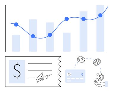 Çizgi grafiği bar tablosunun üzerinde yükselen eğilim, imzalanmış çek, kredi kartı, nakit sembolleri, el. Mali raporlar için ideal, yatırım güncellemeleri, ekonomik analiz, bankacılık fintech