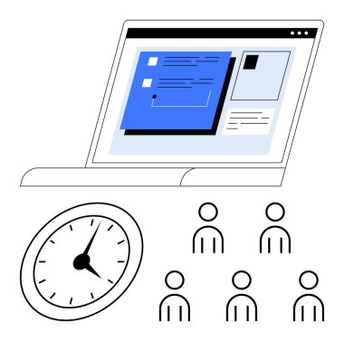 Laptop ekranında saati gösteren belgeler, bir grup insan. İş için ideal, takım çalışması, zaman yönetimi, verimlilik, işbirliği, programlama, uzaktan çalışma. Satır metaforu