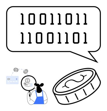 Konuşma balonunda ikili kod, dolar sembolünde büyüteç, kredi kartı ve madeni para. Finans, dijital para birimi, programlama, veri analiz teknolojisi siber güvenlik için ideal. Soyut