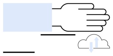 Oklarla çizilmiş el ve bulut veri alışverişini akla getiriyor. Bulut hesaplama, veri transferi, dijital depolama, teknoloji, yenilik, bilişim çözümleri, soyut çizgi düz metaforu için ideal