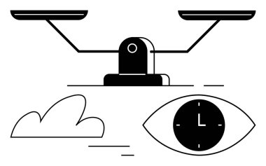 Dengeli ölçekler, bir bulut ve içinde saat olan bir göz denge, zaman ve perspektif temalarını iletir. Adalet, eşitlik, farkındalık, karar verme odaklı soyut çizgi düz metafor için ideal