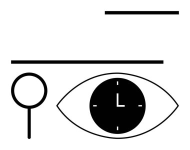 Göz özellikleri saat, büyüteç odağı sembolize eder, asgari çizgiler soyut bileşimi oluşturur. Üretkenlik, zaman izleme, görme, strateji, odaklanma, analitik düz çizgi metaforu için ideal