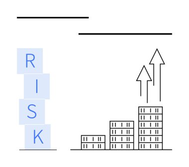 RISK yazımını yukarı doğru oklu bir çubuk grafiğinin yanına dizer. Finans, yatırım, karar verme, risk yönetimi, büyüme stratejileri, iş planlaması, soyut çizgi