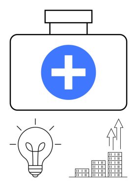 Mavi haçlı ilk yardım çantası, parlayan ampul ve yükselen ok çizelgesi. Sağlık hizmetleri yeniliği, iş büyümesi, tıbbi çözümler, yaratıcı fikirler, girişimler, soyut stratejiler için ideal