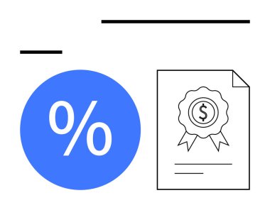 Dolarlık mühürlü sertifikayla mali sözleşme ve içinde yüzde işareti olan büyük mavi daire. Finans, sözleşmeler, faiz oranları, bankacılık, yatırım, kazanç ve uyum için ideal. Soyut