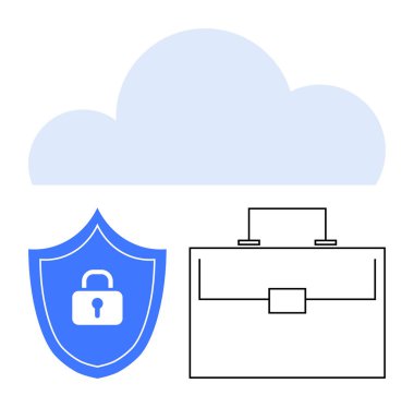 Kalkan kilidi ve evrak çantasıyla bulut simgesi güvenli veri depolama, erişim ve iş çözümleri taşıyor. Siber güvenlik, iş, bulut hesaplama, veri güvenliği, teknoloji, soyut depolama için ideal