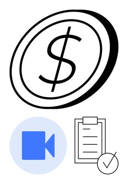 Dolar parası, işaretli kontrol listesi ve video kamera simgesi. Uzak iş için ideal, çevrimiçi iş, bütçe planlaması, finansal planlama, sanal toplantılar, üretkenlik soyut çizgisi düz metaforu