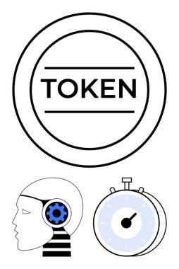 Dairesel jeton, insan profili kafasında teçhizat, mavi renkli kronometre. Engelleme zinciri, zaman verimliliği, yapay zeka, yenilik, dijital ekonomi, yaratıcılık soyut çizgisi düz metafor için ideal