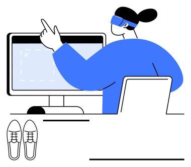 Bir bilgisayar ekranı ile uğraşırken arttırılmış gerçeklik gözlüğü kullanan bir kadın. Ayakkabılar hibrit çalışma alanında rahatlamayı sembolize eder. Teknoloji, yenilik, üretkenlik, AR, uzak çalışma, odaklanma için ideal