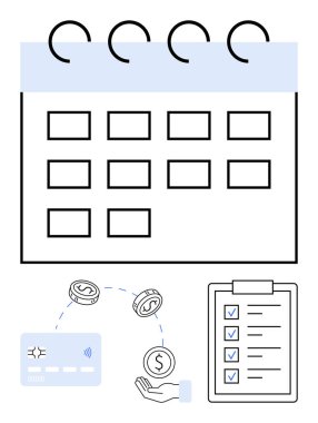 Yüzük bağlayıcı takvim, kredi kartı, bozuk paralarla el ve kontrol listesi panosu. Bütçeleme, zaman yönetimi, programlama, kişisel finans, yapılacaklar listesi verimlilik iş planlaması için ideal